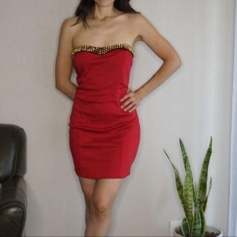 Red Strapless Bodycon Dress Ft. Gold Studs On Neckline Size M